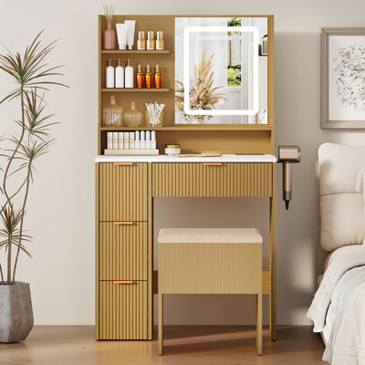 Ensemble coiffeuse avec éclairage DEL, tabouret de rangement rembourré, commode cannelée avec rangement multitiroirs et support pour sèche-cheveux, coiffeuse compacte pour chambre à coucher