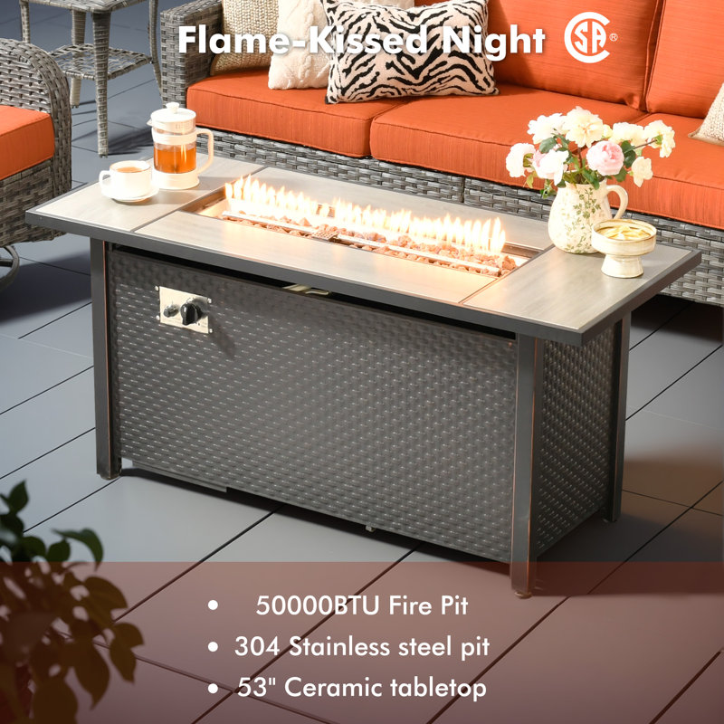 Harbin Wicker/rattan 9- Person Outdoor Seating Group With Ottoman With Fire Pit Table, Orange/Red
