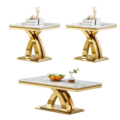 Faux Marble Coffee Table Set of 3, Modern Living Room Table Set Includes 1 Coffee Table and 2 End Side Tables for Living Room, White Faux Marble Top with Diamond-Shaped Stainless Steel Frame