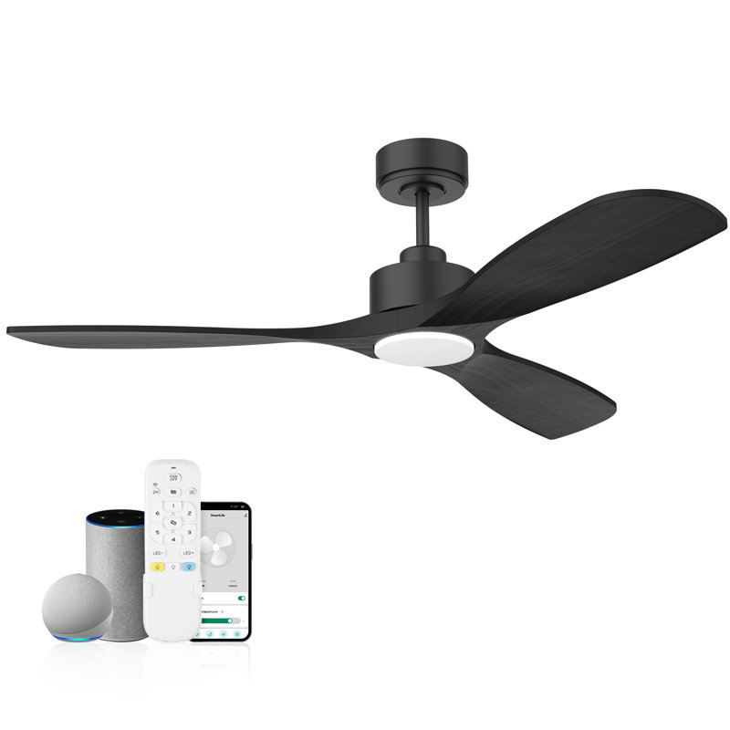 Ventilateur de plafond en bois à 3 pales de 52 po avec lumière, télécommande, WiFi / Alexa, moteur à courant continu silencieux, à intensité variable, intérieur / extérieur