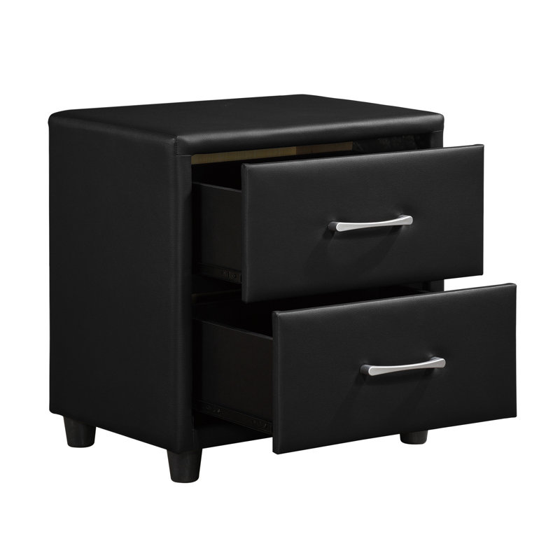 Table de chevet moderne en similicuir noir avec 2 poignées argentées
