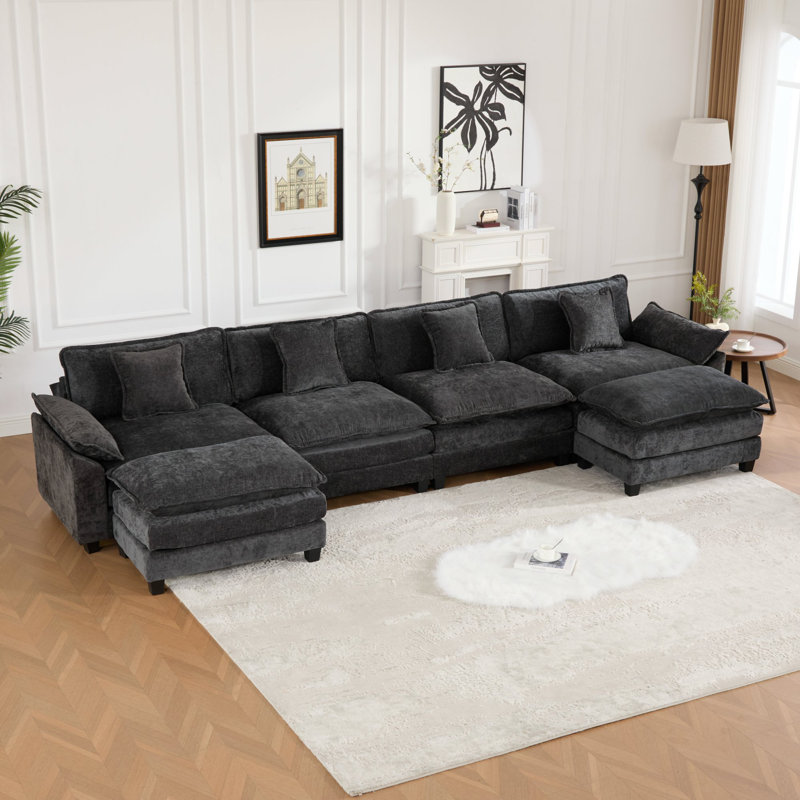 Canapé modulaire en forme de U Grid, canapé surdimensionné avec repose-pieds, Chenille noir, H 33 po x l 153 po x P 30 po