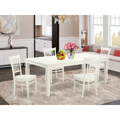 Ensemble de table de salle à manger 5 pièces comprenant une table rectangulaire en bois avec rallonge papillon et 4 chaises de cuisine, 42 x 84 po, lin blanc