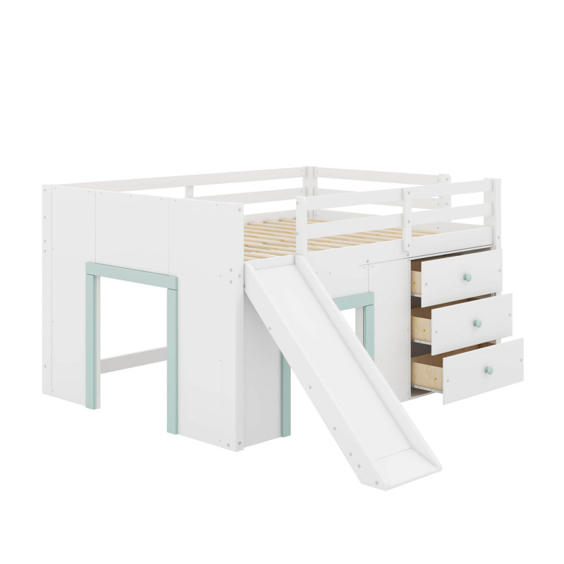 Lit mezzanine double pleine grandeur avec glissière, tiroirs et deux portes