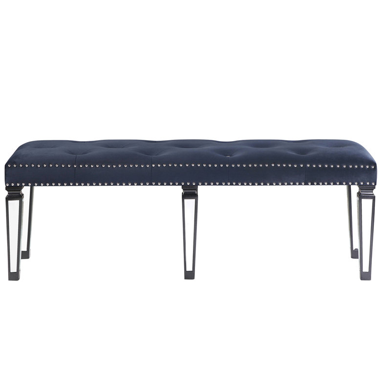 Dark Navy Velvet Bench With Mirrored Legs And Aesthetic Appeal Leg Inlays For Bedroom Style