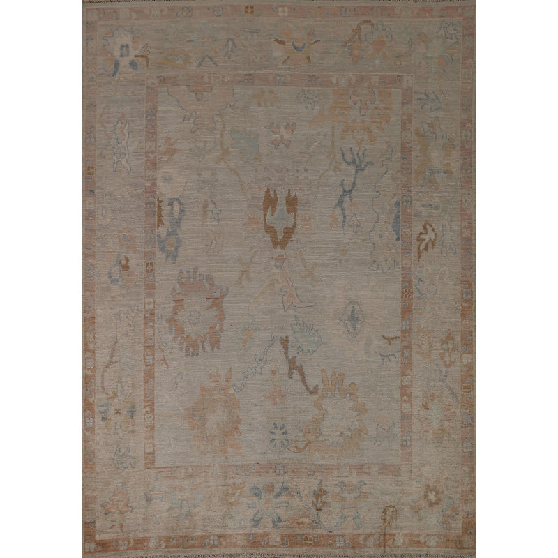 Tapis beige / brun / bleu en laine noué à la main de conception unique 6 pi 6 po x 8 pi 1 po