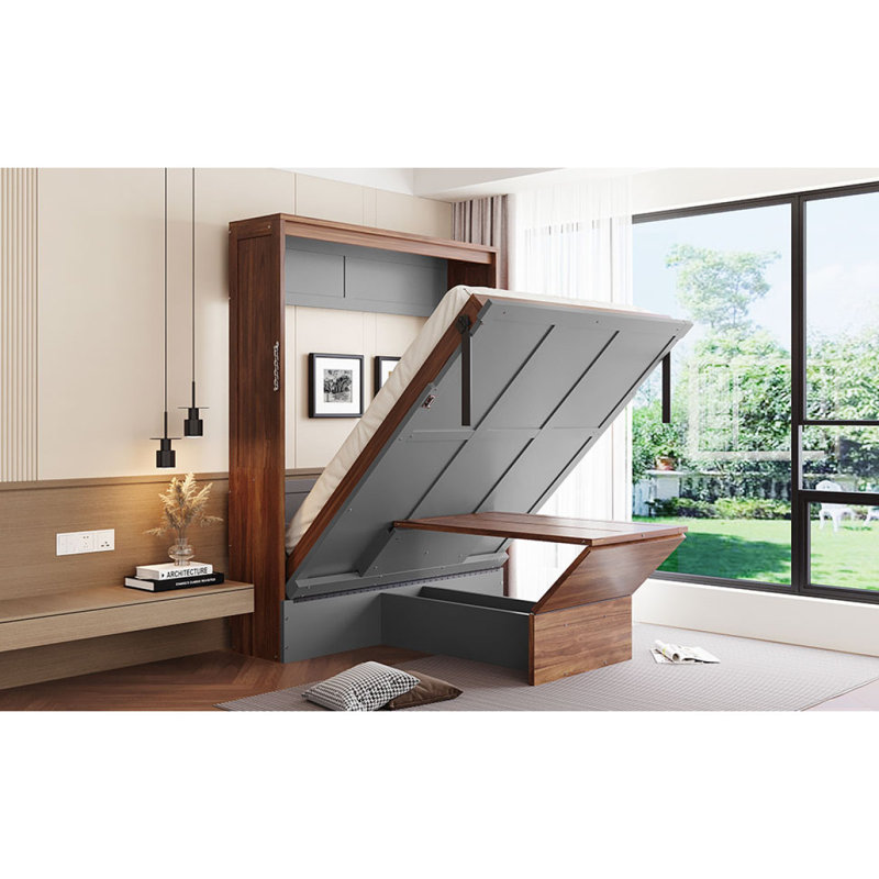 Full Size Murphy Bed with Foldable Desk – Space Saving Wall Bed - Walnut & Grey