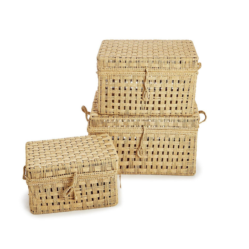 Set of 3 Handcrafted Jute Rope Storage Trunks 15" H Nested Rustic Organization Boxes