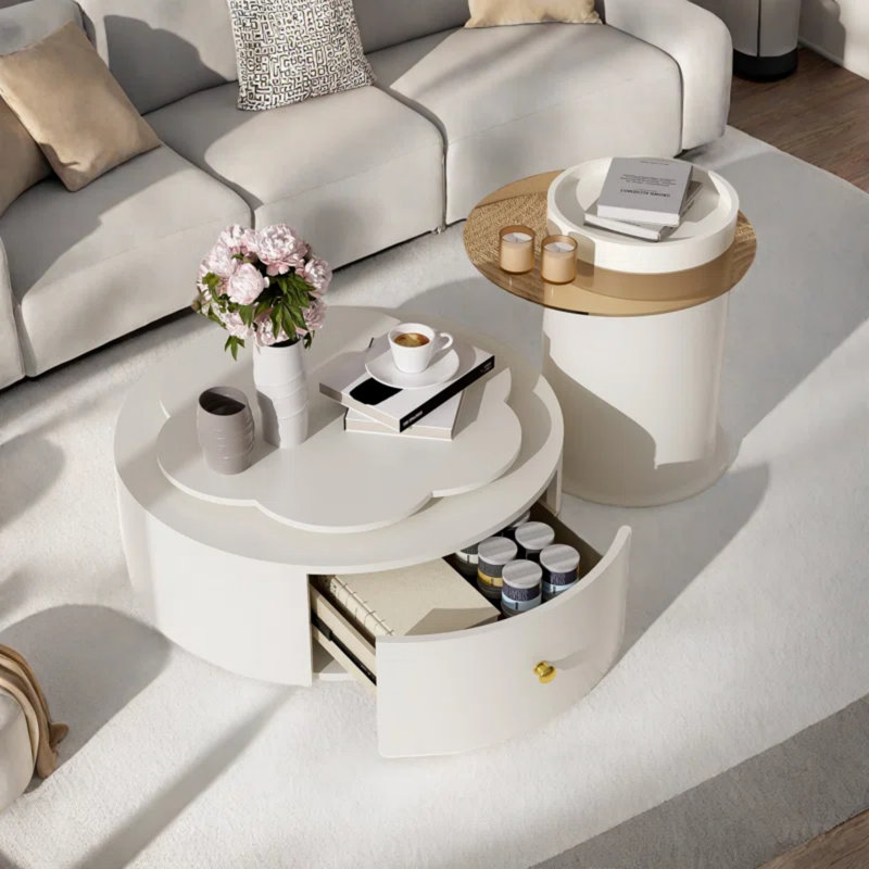 Combinaison de tables basses de 27,5 pouces en forme de pétale de luxe avec lumière italienne et blanc (blanc cassé)