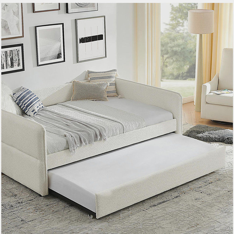 Daybed with Trundle Upholstered Tufted Sofa Bed, Full Size, Boucle Fabric, Beige(83"x58.5"x29.5"), Full/Double