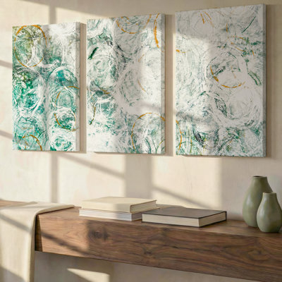 3 Pieces Exculisive Mint Green and Gold Abstract Large Wall Art White Textured Circle Panoramic, Canvas Decor for Living Room, Bedroom and Office