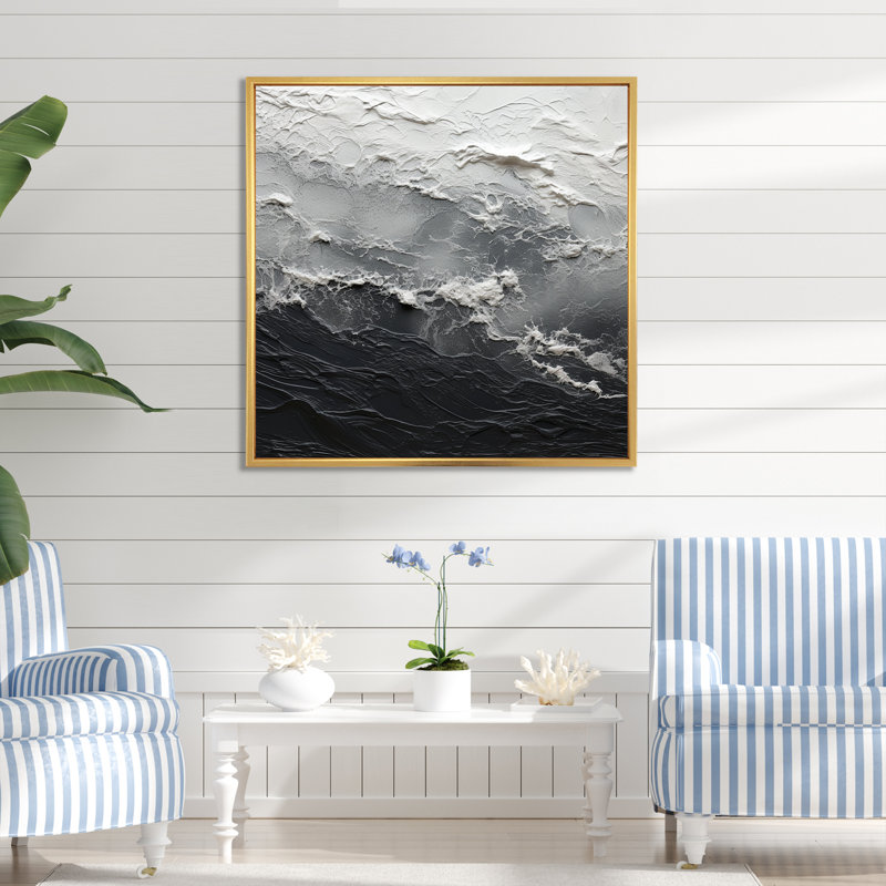 Minimalisme, peinture en noir et blanc, art mural abstrait, salon, H 24 po x l 24 po x P 1 po, Cadre flottant doré