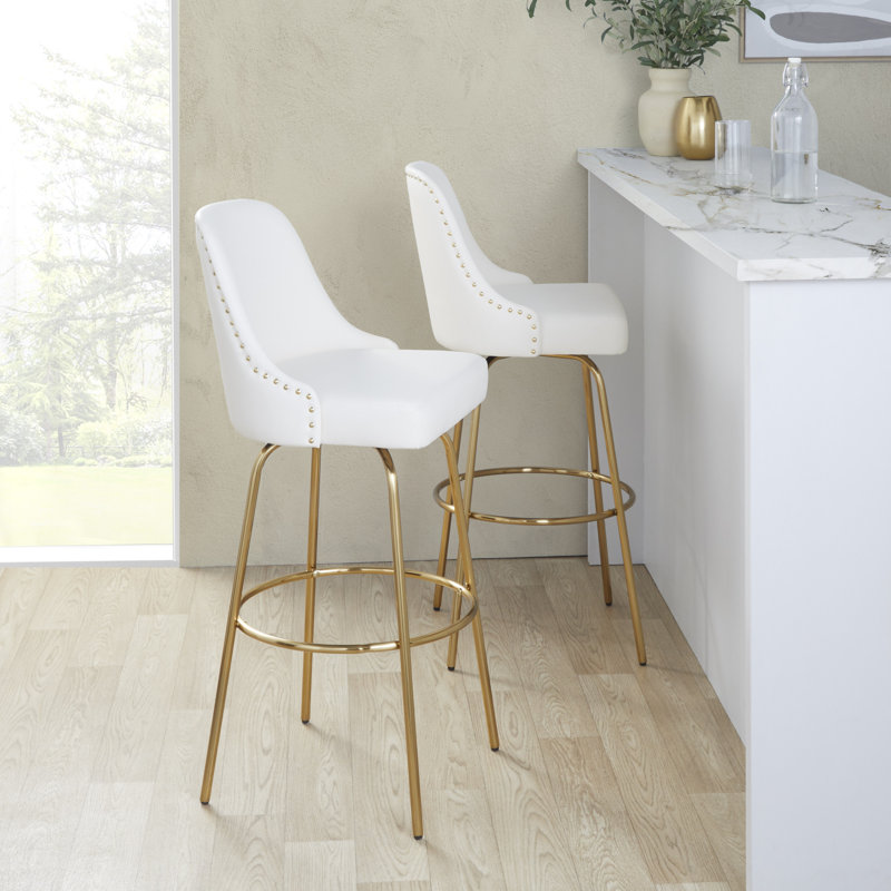 Studded Marcel 30" Fixed-Height Barstool With Metal Legs & Round Footrest - Set Of  2