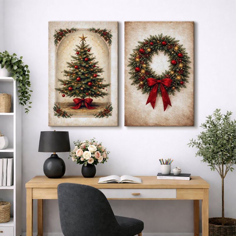 Art rétro de sapin de Noël et couronne, photos de salon de vacances, impression sur toile encadrée, 2 pièces, Toile tendue