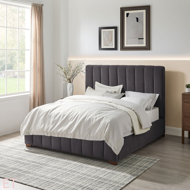  Structure de lit de conception moderne avec base de lit tapissier et tête de lit en tissu, Grand, Gris foncé