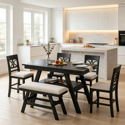 Ensemble de table de salle à manger 6 pièces à hauteur de comptoir en bois avec tablette de rangement, ensemble de table de cuisine avec banc et 4 chaises, style rustique, espresso + coussin beige