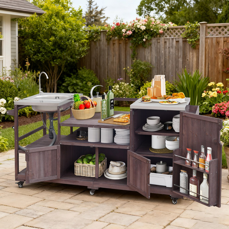 Solid Wood 75.4" Outdoor Kitchen Island & BBQ Prep Station For XL Green Egg, Rolling Grill Cart With Stainless Steel Top and Sink