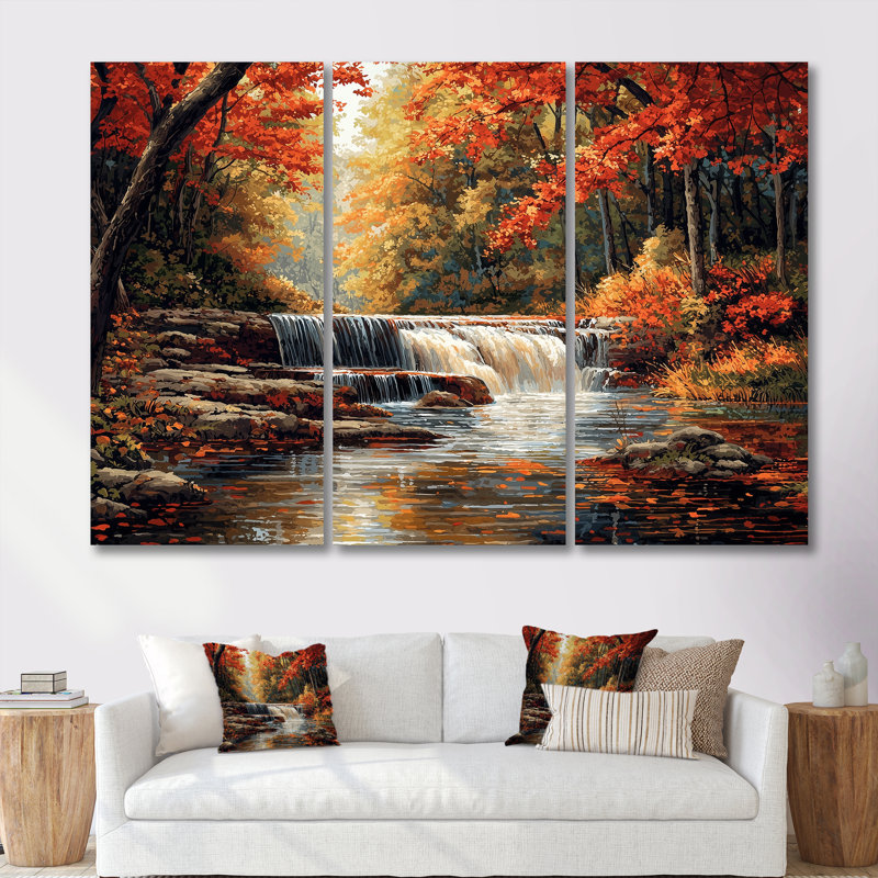 «Orange Autumn Mountain Waterfall Long View III - Waterfall», ensemble de reproduction d'art mural, Métal métal