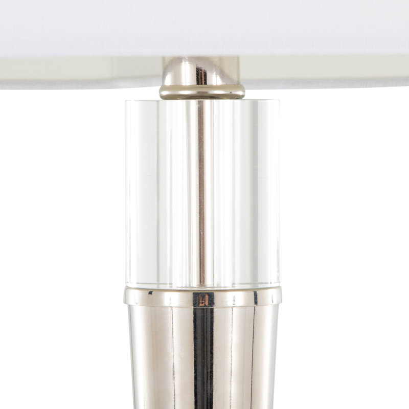 Lampe sur pied en métal en nickel poli et cristal K9 transparent avec abat-jour en lin blanc - ensemble de 2