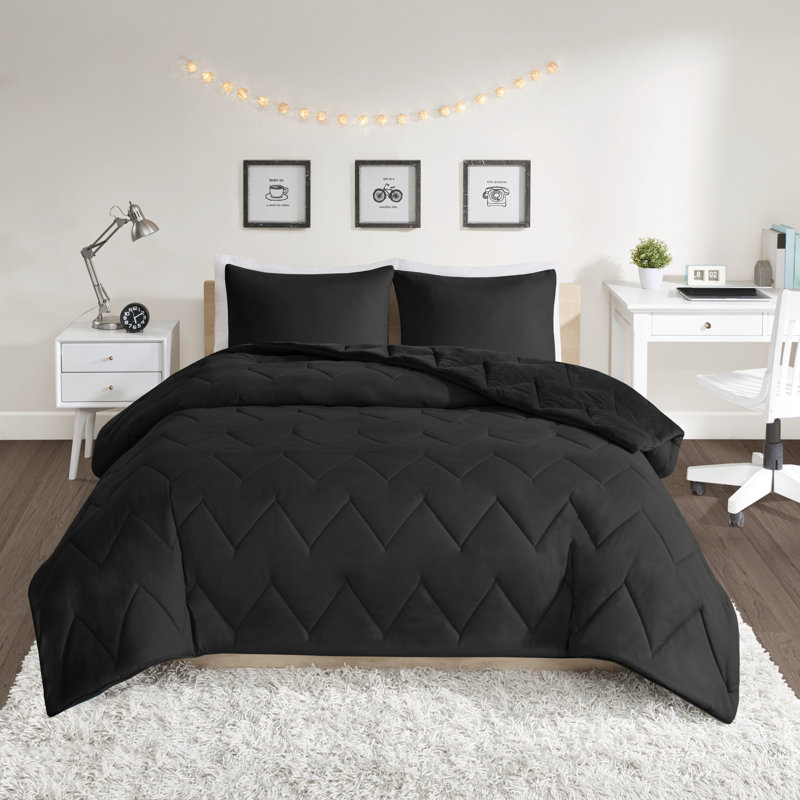 Ensemble d’édredon réversible, Édredon très grand et 2 taies décoratives, Noir