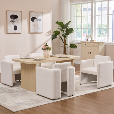Modern  5-Piece Dining Set with Upholstered Beige Linen Chairs with casters