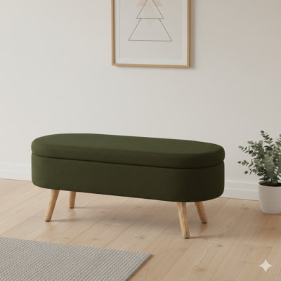 Luxury Oval Boucle Storage Ottoman Bench With Wood Legs, Weight Capacity 350Lb With Safety Hinge, For Living Room, Bedroom Entryway, In Dark Green