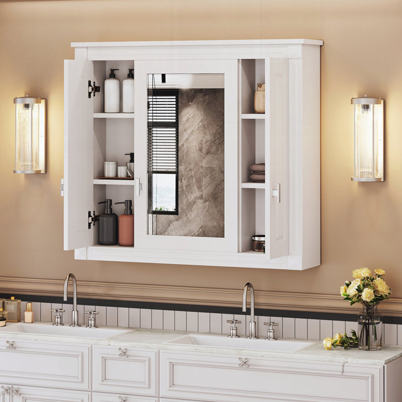 Armoire murale de salle de bain avec miroir et 4 tablettes, Blanc