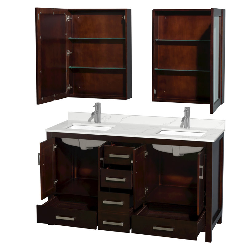 Sheffield 60" Freestanding Double Bathroom Vanity with Quartz Top with Medicine Cabinets, Giotto Quartz, Brown, Chrome