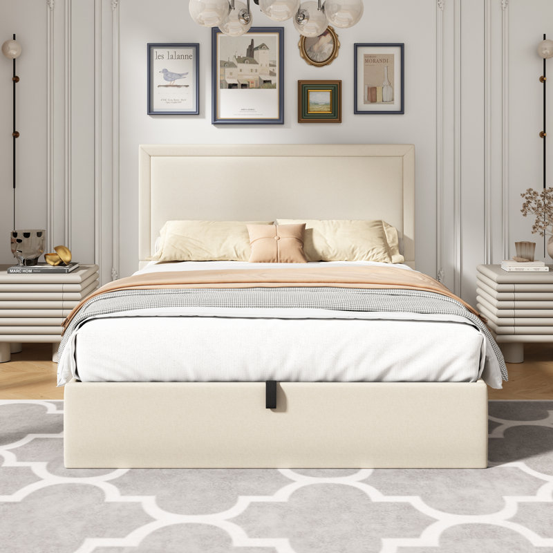 Yamada Hydraulic  Lift Up Upholstered  Storage Bed, Beige, Queen