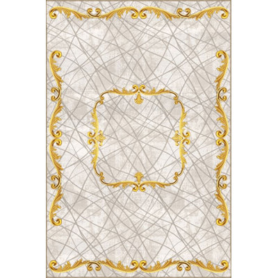 Yellow Themed Abstract Framed Striped Modern Decorative Rug