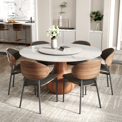 Otelia 7Pcs Dining Set + Lazy Susan + Black Upholstered Chairs