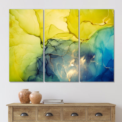 " Yellow And Blue Marble Waves II " 3 - Pieces