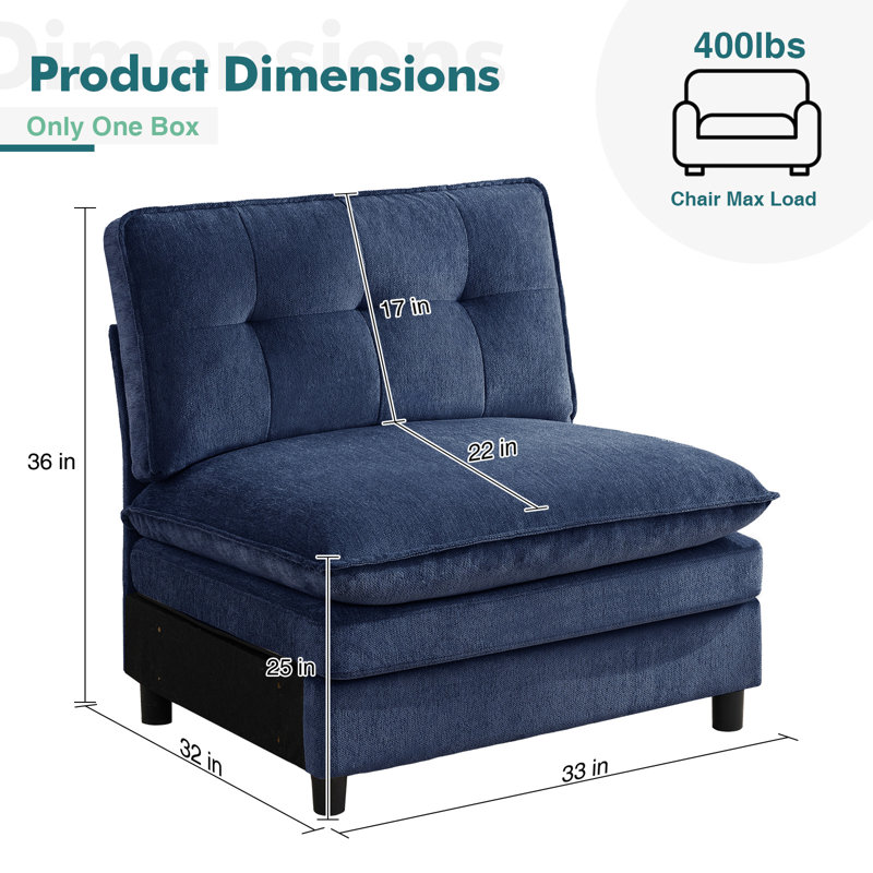 Moderm Upholstered Chenille Armless Compression Accent Chair, Blue