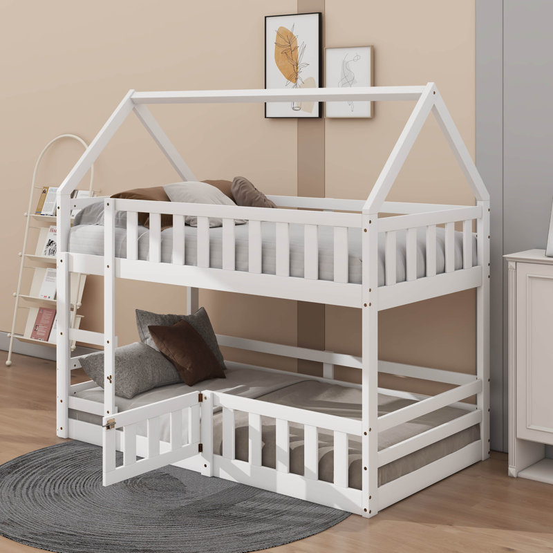 Twin Over Twin House Bunk Bed With Fence, White