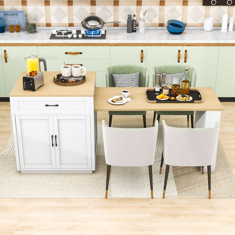 Kitchen Island with Extendable Dining Table, Built-in Charging Station and Lockable Wheels, White