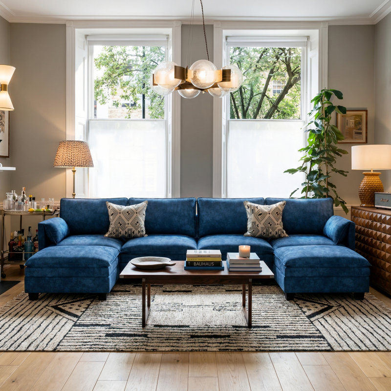 141.5'' U-Shaped Upholstered Sofas with Movable Ottoman, Blue