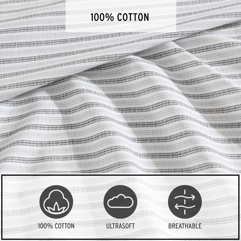 Gray Striped Cotton Percale Twin Sheet Set