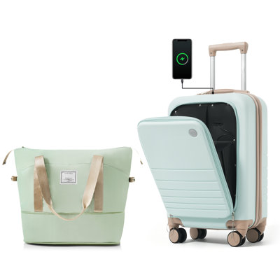 20" Front Opening Green ABS Carry On Luggage 2-Piece Set with Expandable Travel Tote, USB Port & Cup Holder, Rolling Suitcase for College Dorm Students Campus Weekend Trips