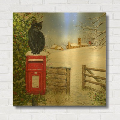 «Christmas Post Box» par Janet Pidoux, art mural en métal doré, 12 po x 12 po