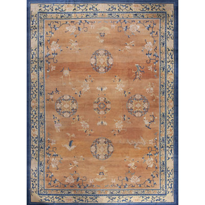 1920s Antique Wool Rectangle Coral / Salmon Pink Large Allover Floral Hand Knotted Pile Rug