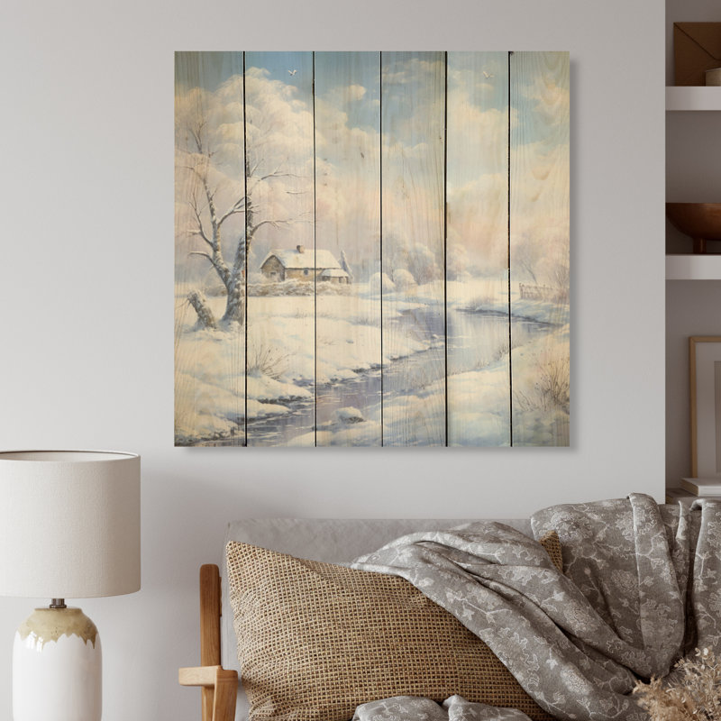Ferme enneigée paysage d'hiver I - Neige, art sur bois de pin naturel, H 15 po x l 15 po