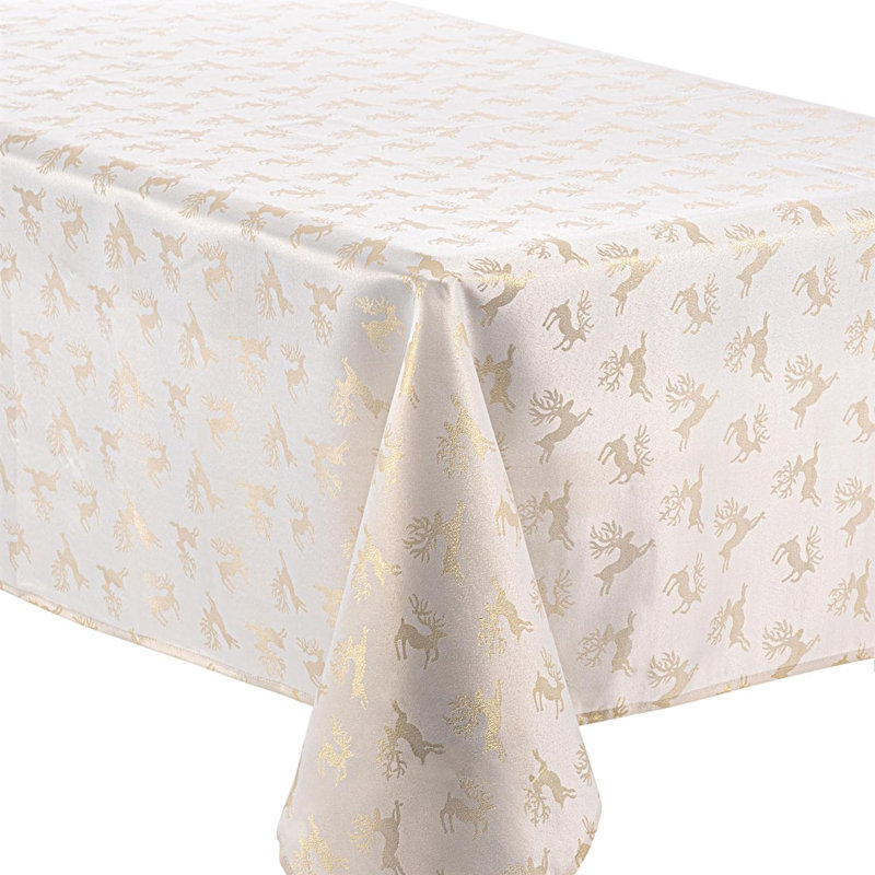 Christmas Tablecloth Metallic Deer Design, Gold;Cream, 132cm W x 178cm L