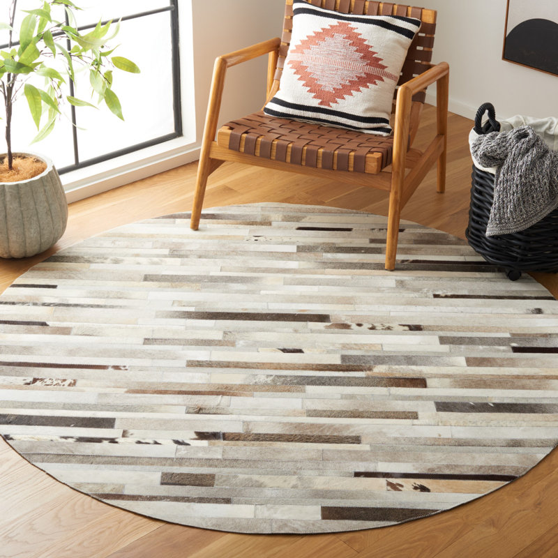 Tapis gris / ivoire tissé à la main à motif géométrique Fazeley, Rond 6 pi