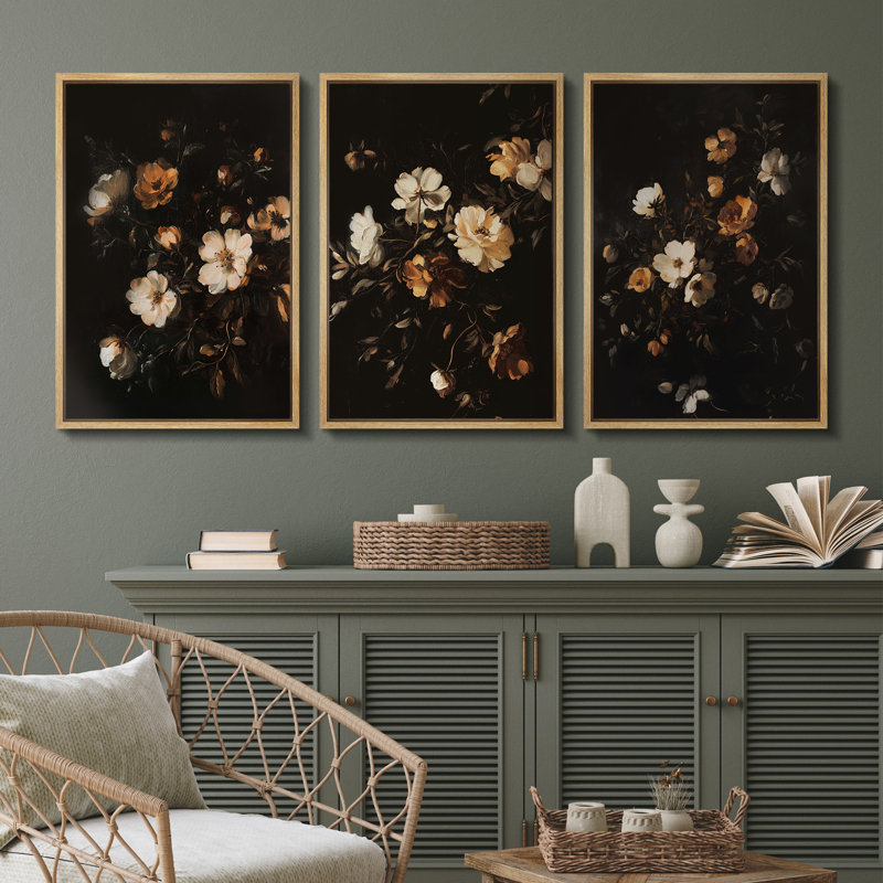 Vintage Floral Canvas Wall Art Set, Dark Botanical Framed Art Prints for Classic Bedroom or Elegant Living Room Gallery Wall Decor