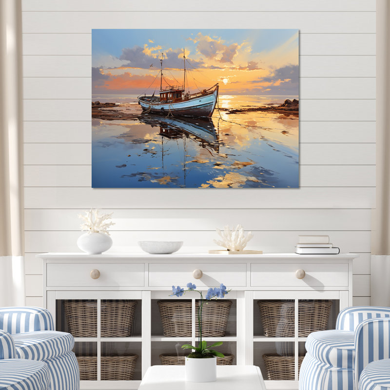 Lever du soleil sur le bateau au bord du lac - Bateau côtier, art mural, Cadre flottant doré, H 12 po x l 20 po x P 1 po