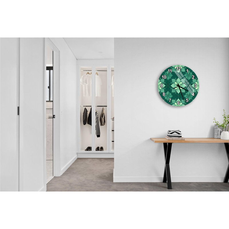 Horloge murale florale en verre trempé, décor botanique vert, style moderne, horloge surdimensionnée, horloge de cuisine, horloge de salon, décoration intérieure
