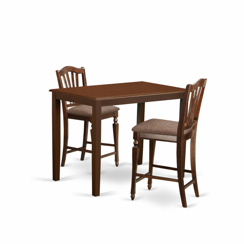 Ensemble de comptoir de cuisine 3 pièces pour petits espaces comprenant une table de salle à manger rectangulaire et 2 chaises rembourrées en tissu de lin, acajou