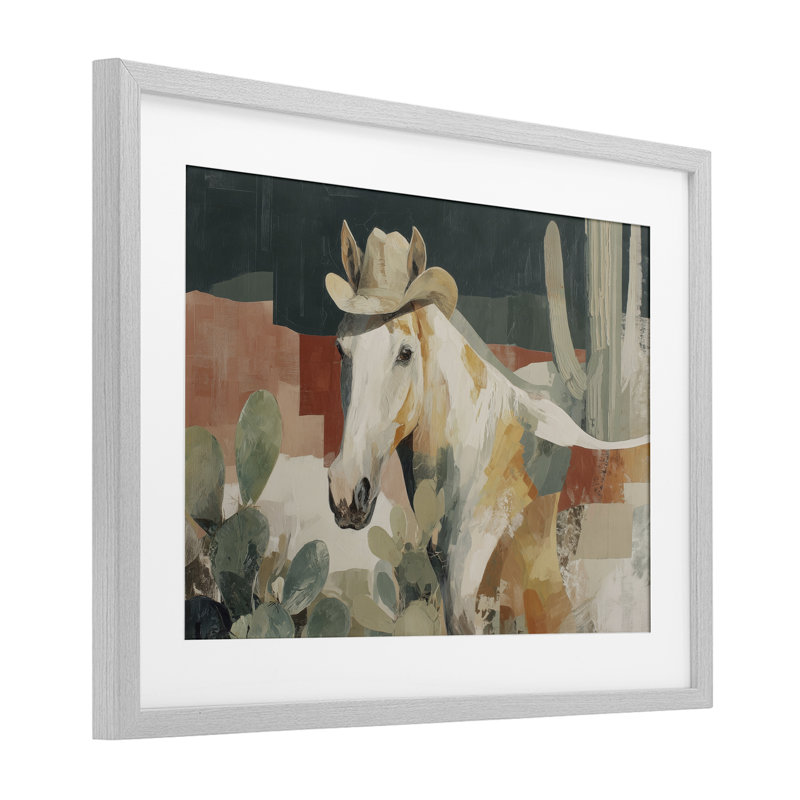 Cheval dans un chapeau de cowboy, reproduction encadrée sous verre, design par Chromatique Tempête Studio, 14 x 20
