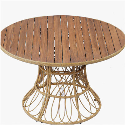 Durable Outdoor Dining Table - Round Acacia Wood Top & Wicker Base, Teak Finish Patio Table for 4 - 6, Garden Outdoor Furniture (Compatible with Matching Chairs)