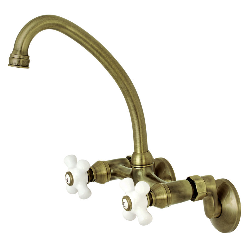 Kingston Brass Kingston Double-Handle 2-Hole Wall-Mount Bridge Kitchen Faucet, Vintage Brass